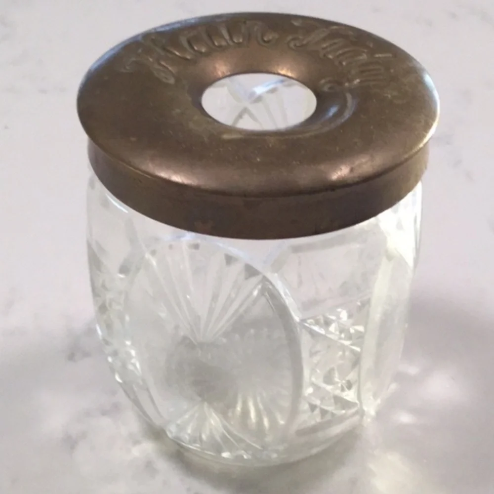 Antique Hair Tidy Brass Collar Lid + Glass Jar Etched Vintage Decor